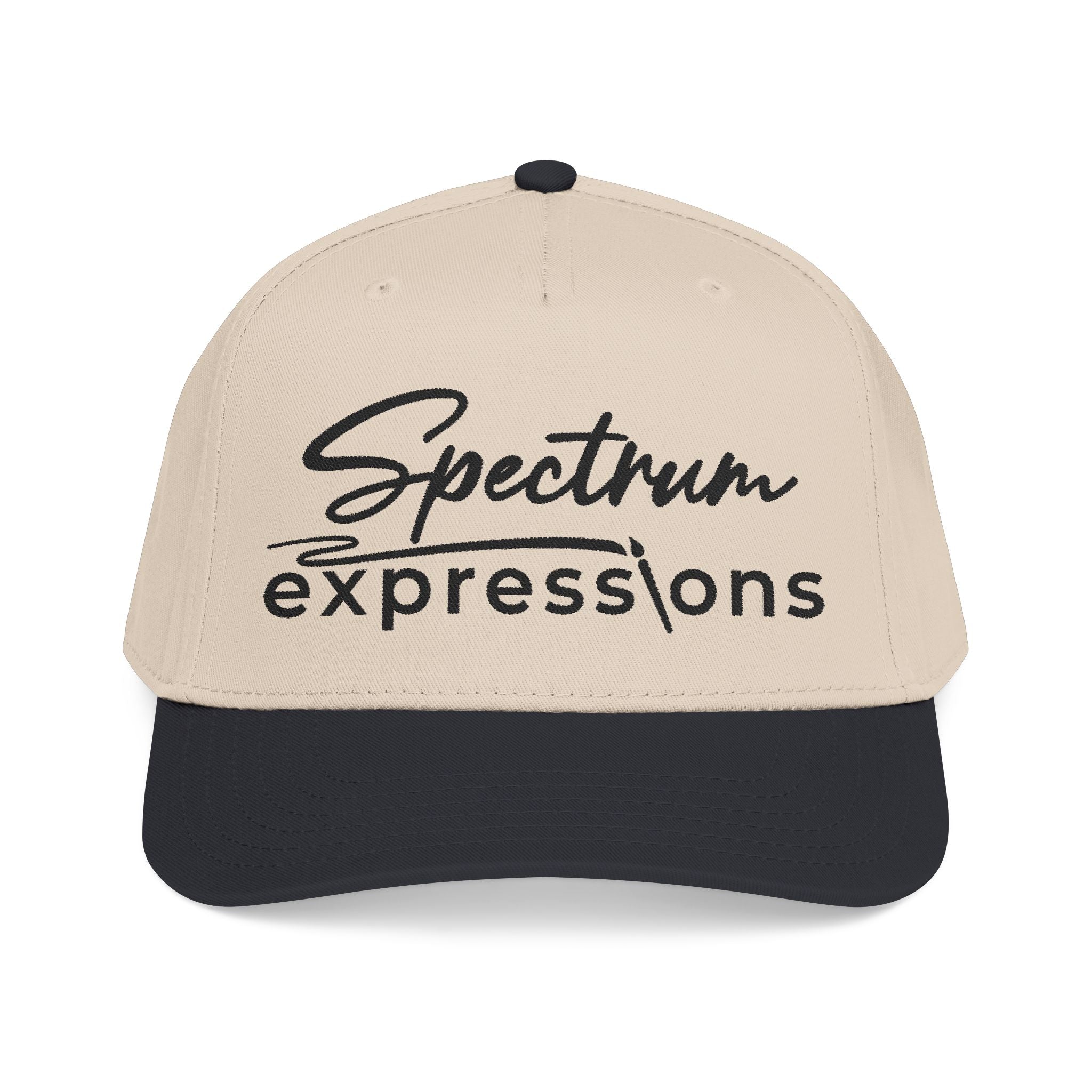 Image of A two-tone baseball cap with a beige crown and a black brim, featuring the black embroidered text 'Spectrum expressions' on the front, set against a plain white background.