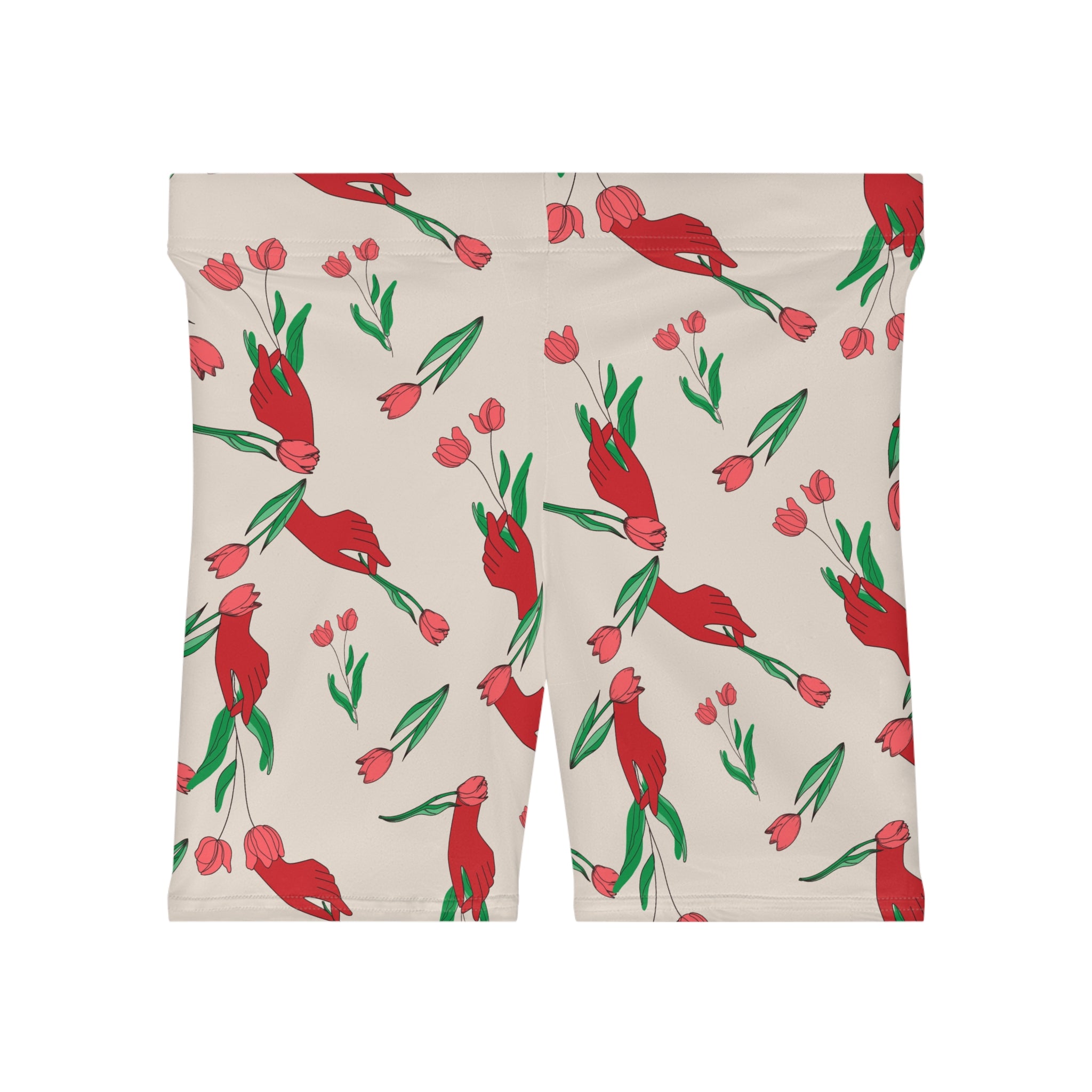 Image of First Bloom Biker Shorts | Red Hand & Tulip Print Women’s Activewear