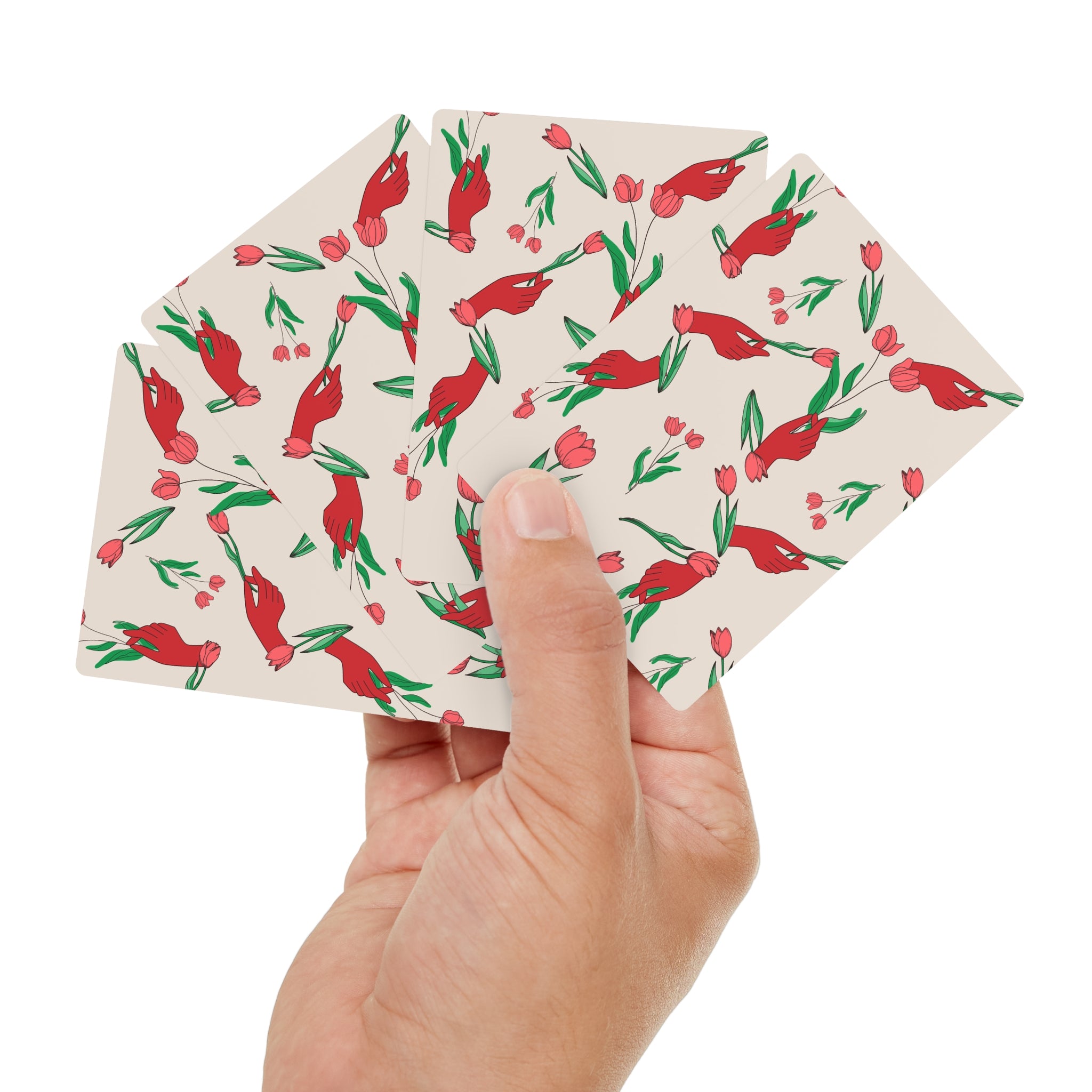 Image of First Bloom Playing Cards | Red Hand & Tulip Print