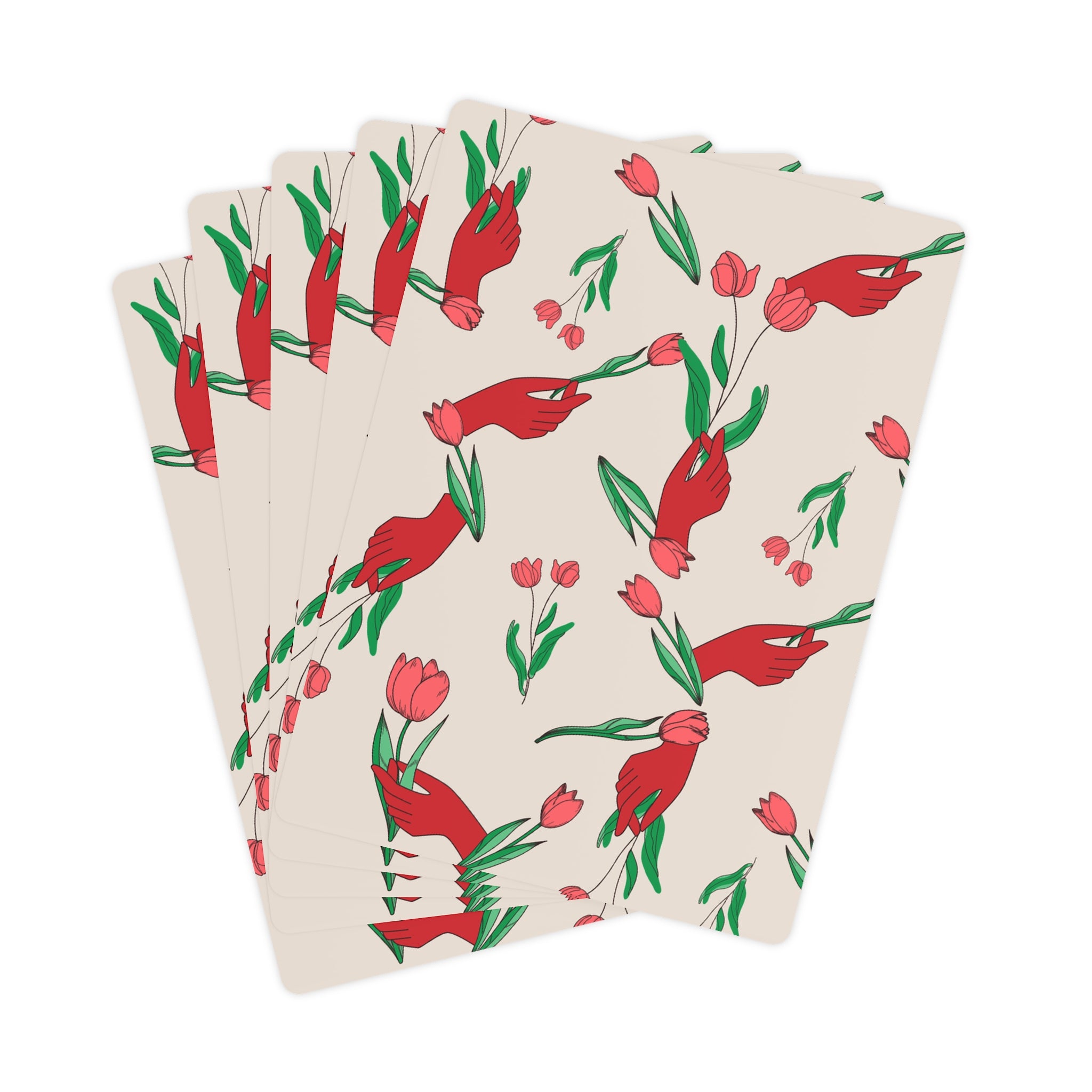 Image of First Bloom Playing Cards | Red Hand & Tulip Print