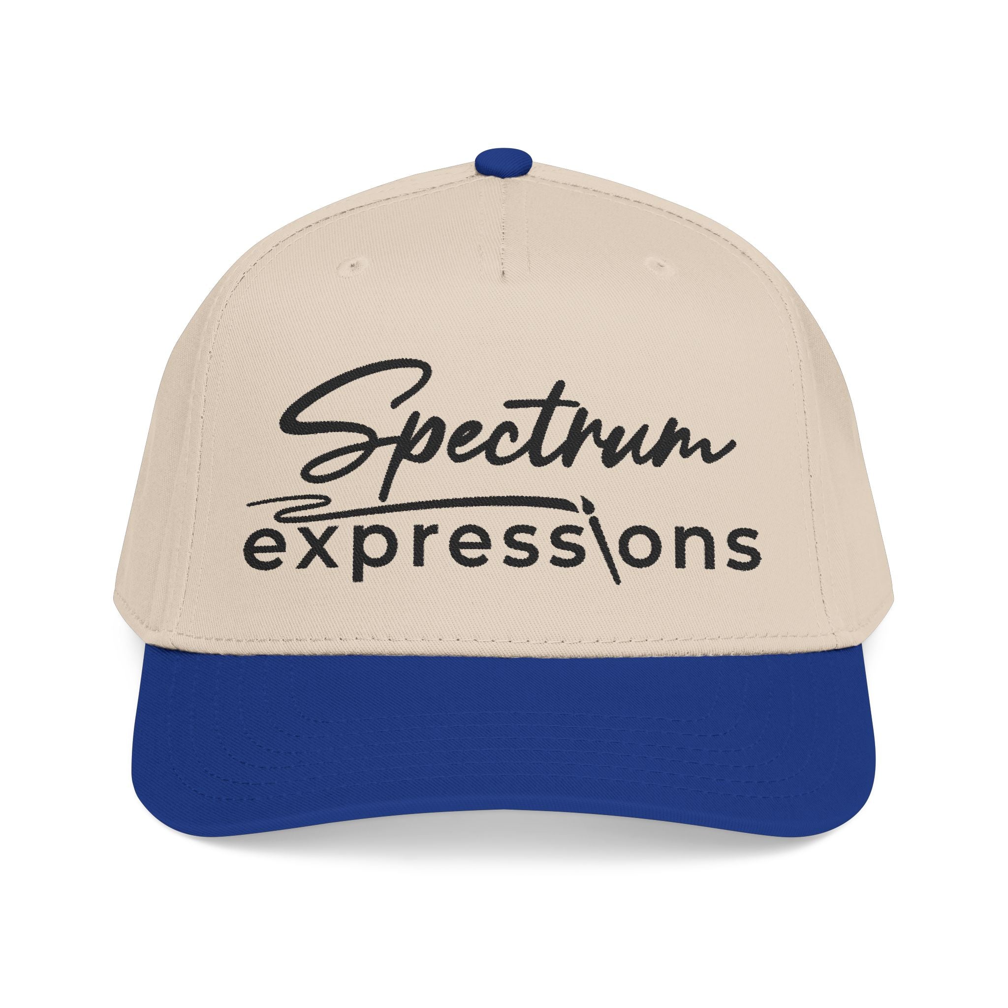 Image of A beige and royal blue baseball cap with 'Spectrum expressions' printed in black on the front panel, shown against a plain white background.