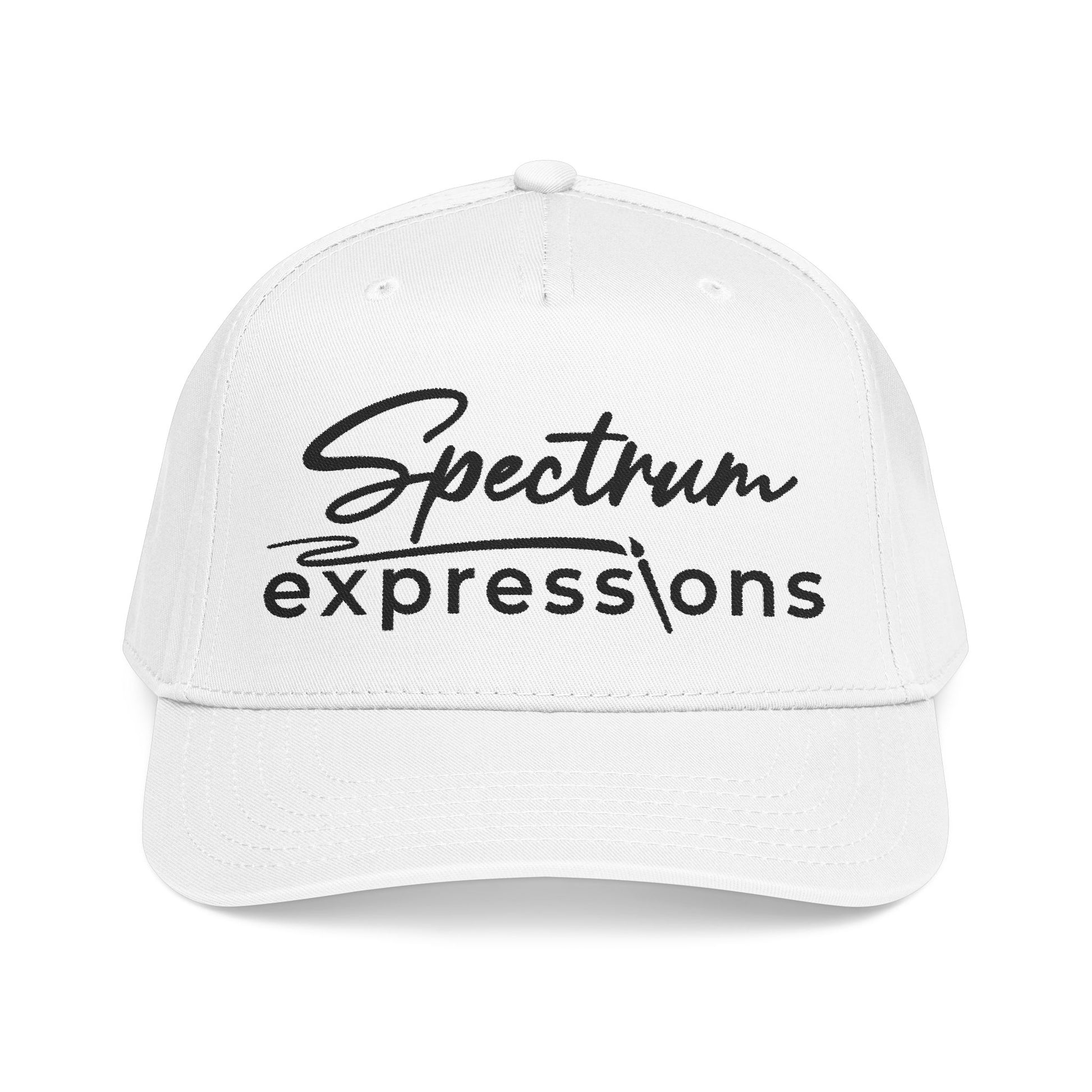 A white structured baseball cap with black embroidered text reading 'Spectrum expressions' on the front, shown against a plain white background.