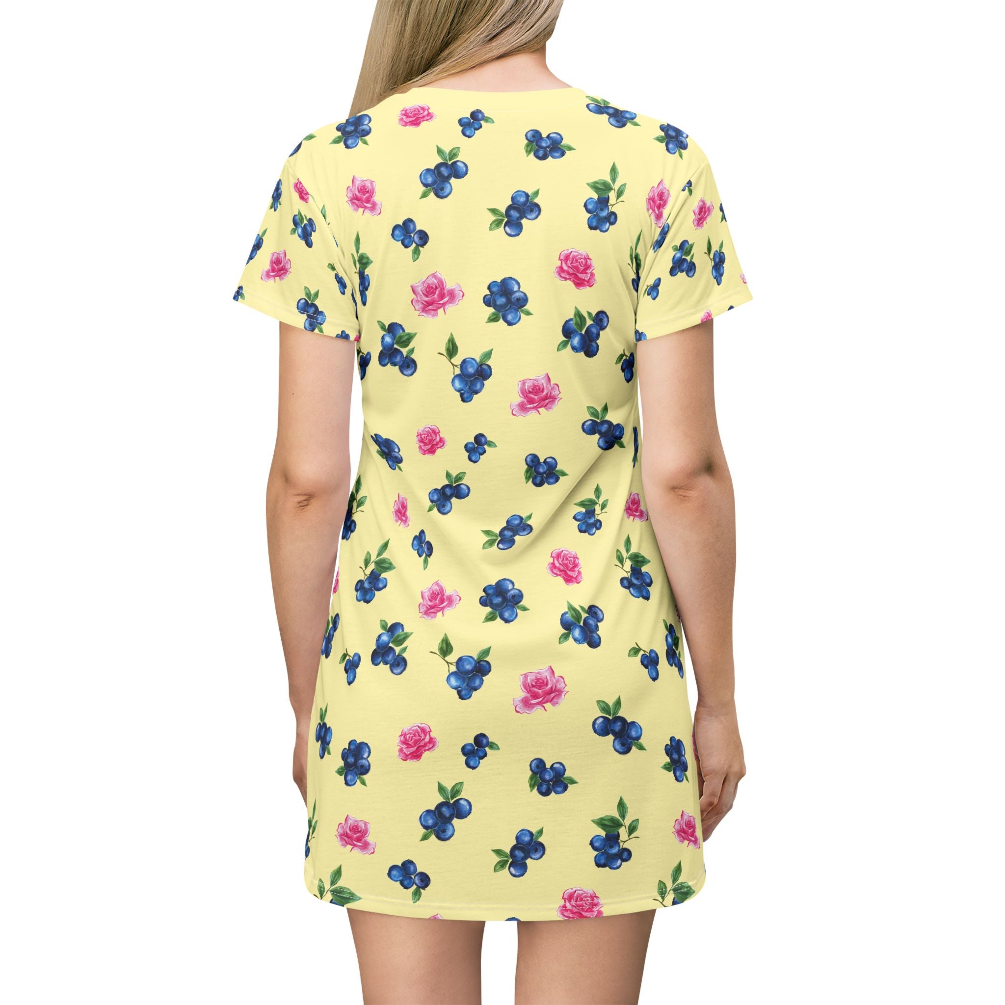 Image of Blueberry & Pink Rose T-Shirt Dress | Yellow Floral All-Over Print