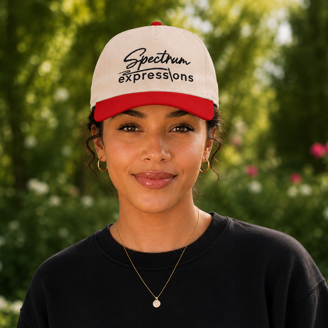 A woman wearing a Spectrum Expressions trucker hat with a cream crown and red brim, set against a blurred green garden background.