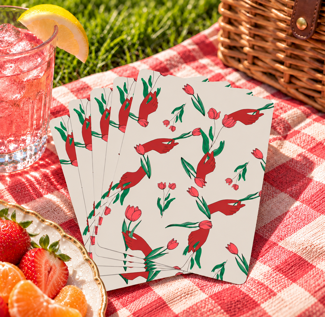 Image of First Bloom Playing Cards | Red Hand & Tulip Print