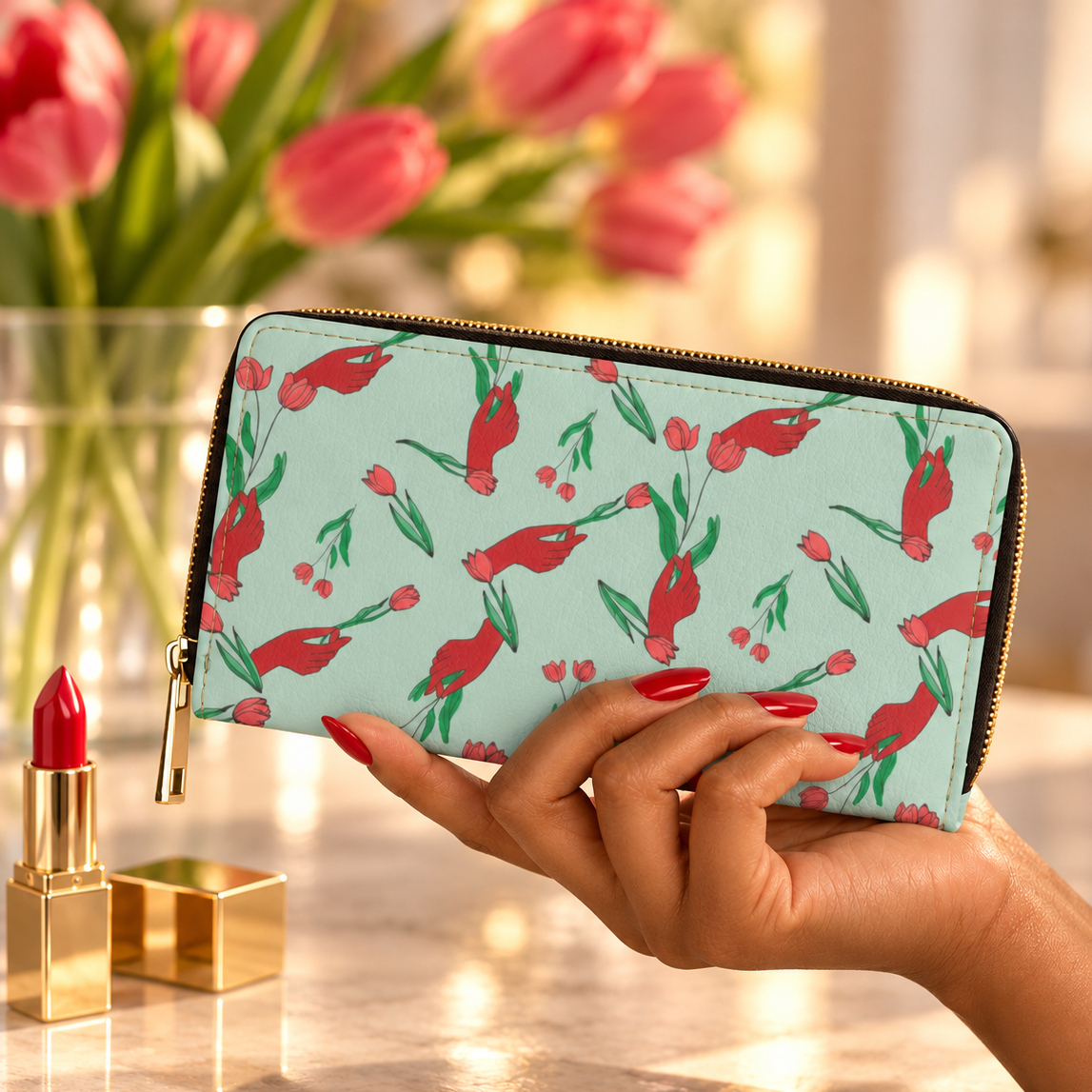 Image of A hand with red manicured nails holds a mint green zip-around wallet decorated with a red tulip pattern. The background is a warm, softly blurred lifestyle setting featuring a vase of pink tulips and gold cosmetic items on a marble surface.