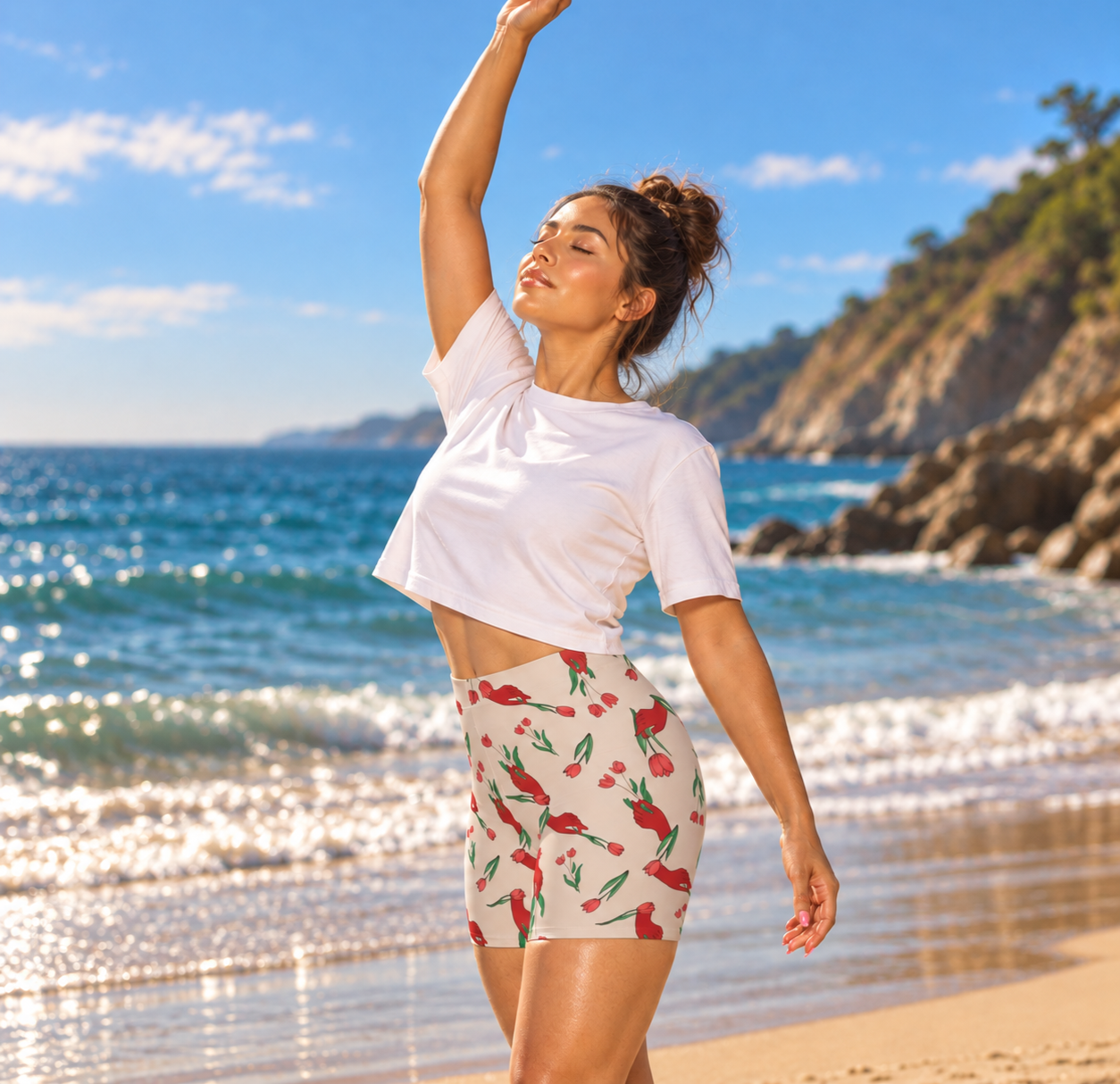 Image of First Bloom Biker Shorts | Red Hand & Tulip Print Women’s Activewear