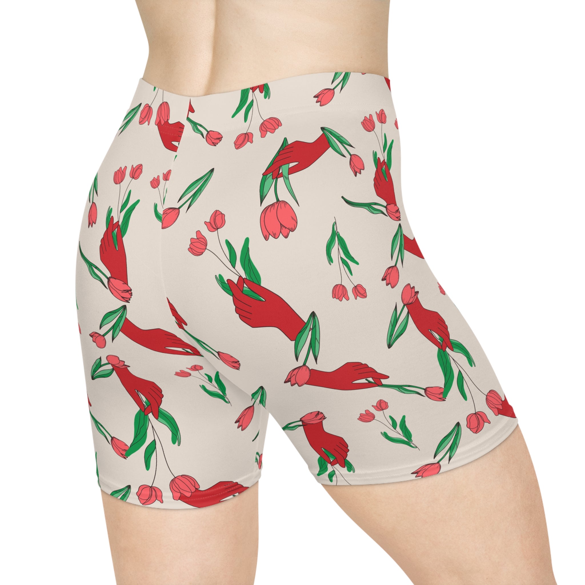 Image of First Bloom Biker Shorts | Red Hand & Tulip Print Women’s Activewear