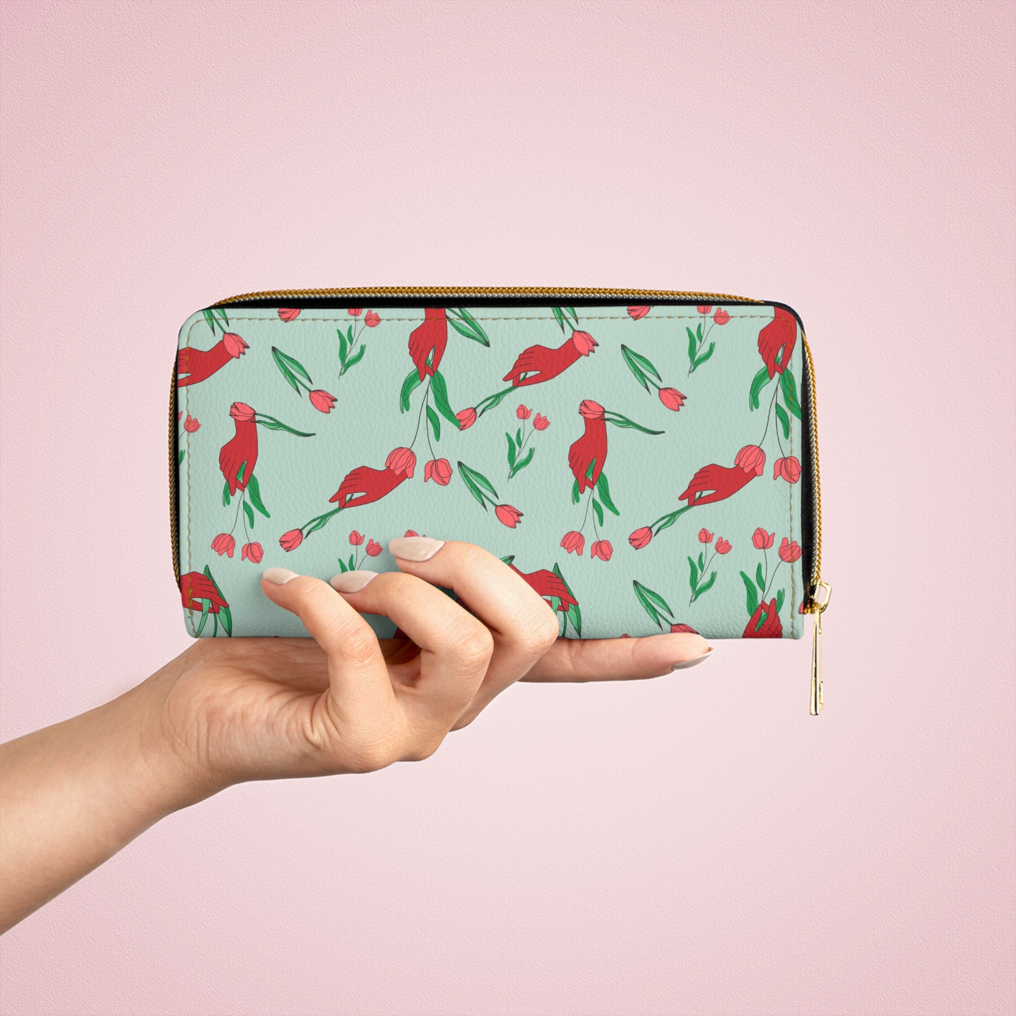 Image of First Bloom Red Hand Floral Zipper Wallet