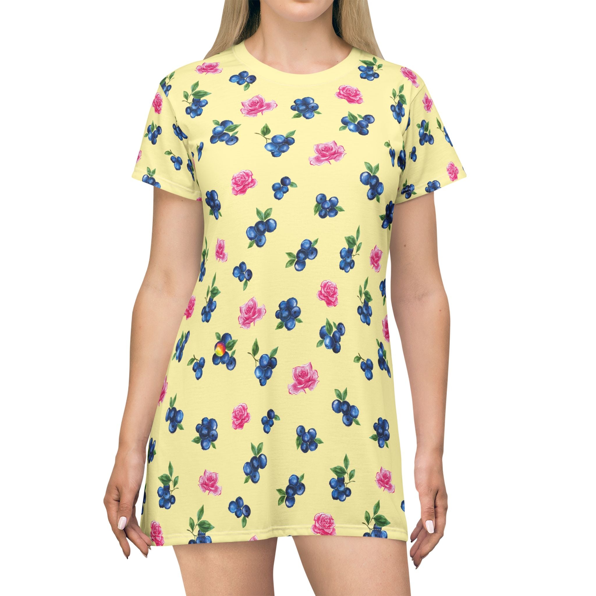 Image of Blueberry & Pink Rose T-Shirt Dress | Yellow Floral All-Over Print