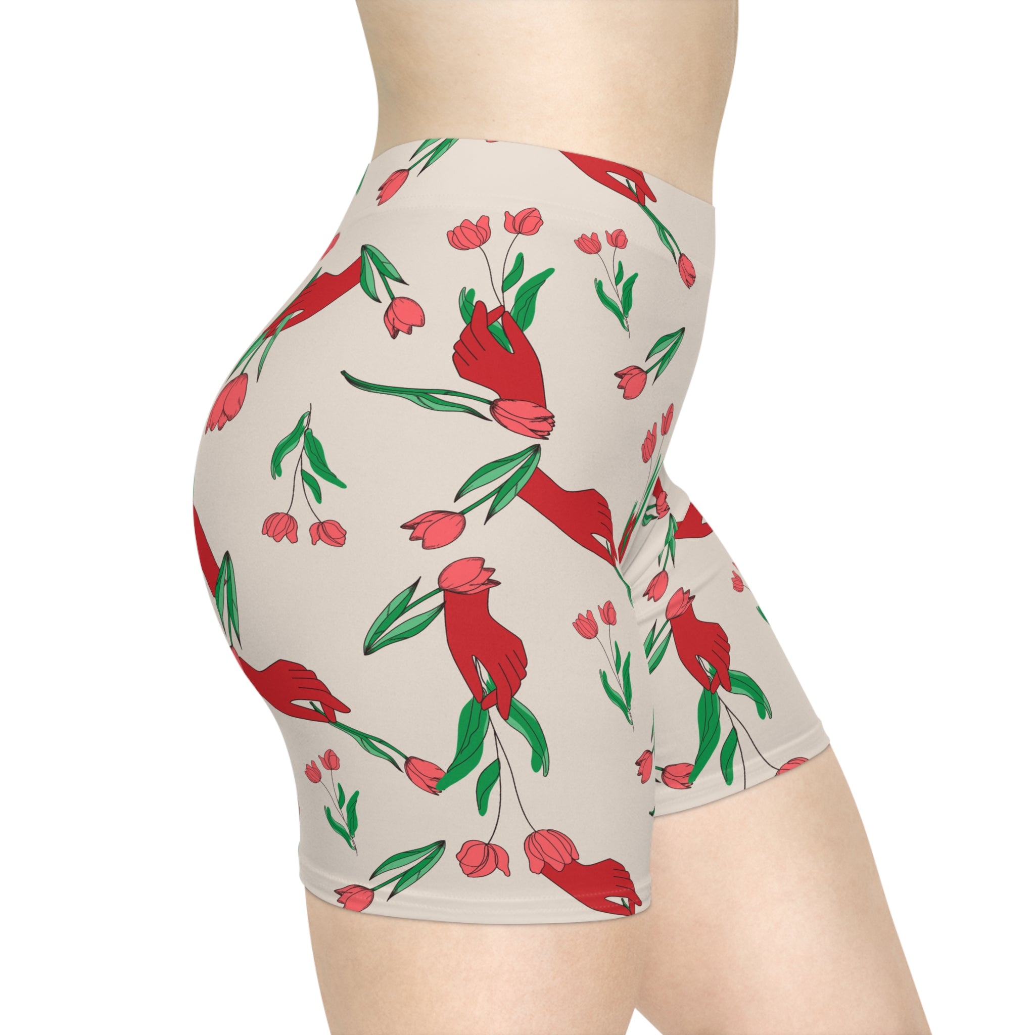 Image of First Bloom Biker Shorts | Red Hand & Tulip Print Women’s Activewear
