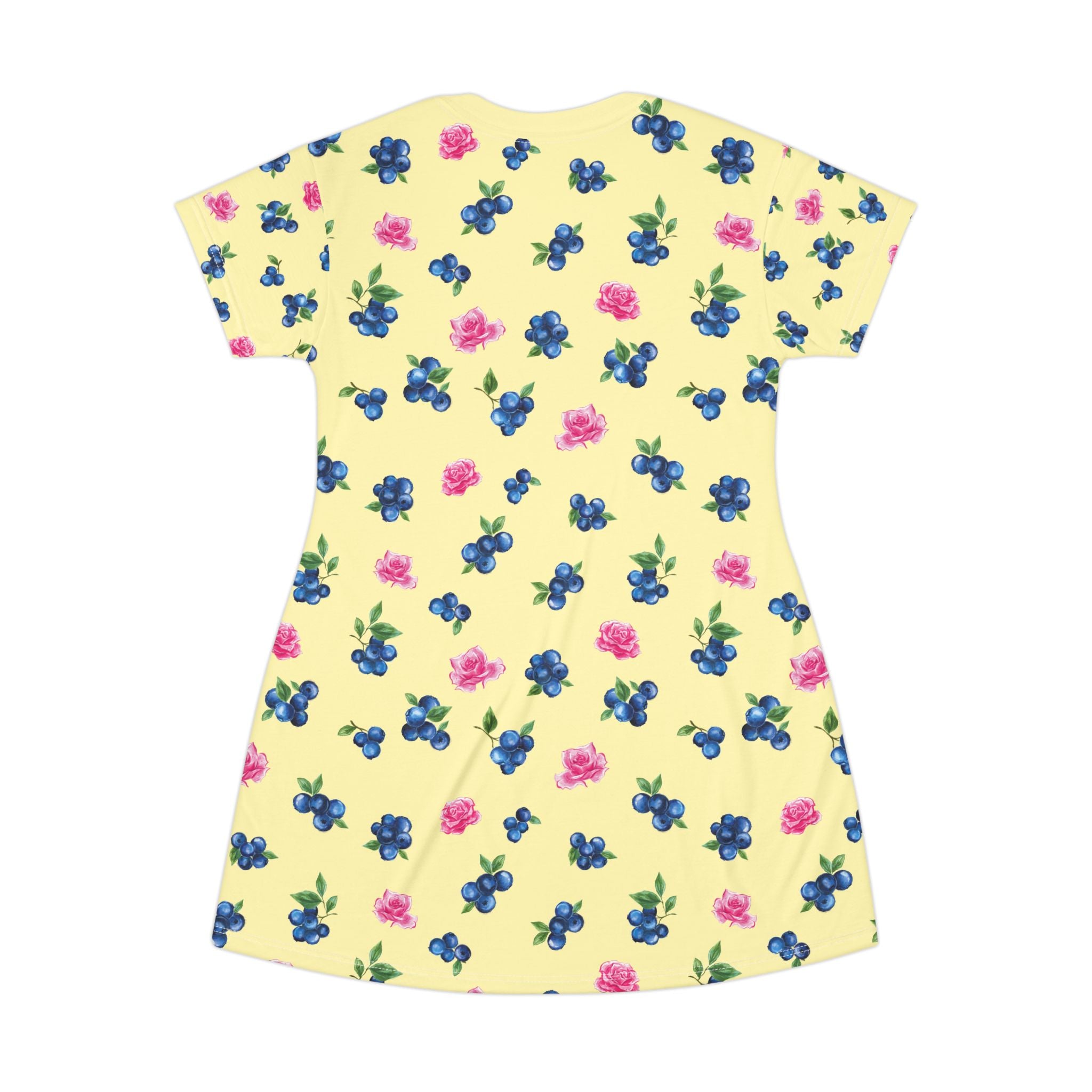 Image of Blueberry & Pink Rose T-Shirt Dress | Yellow Floral All-Over Print