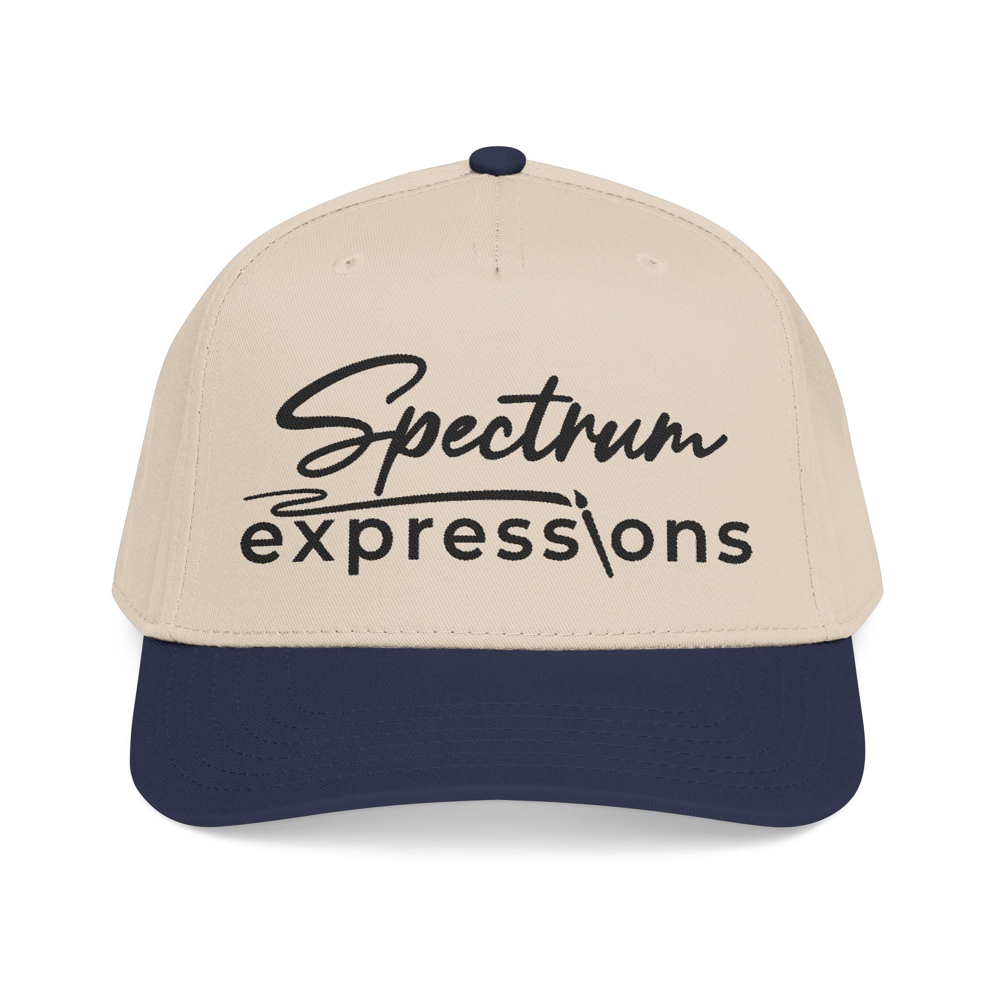 Image of A two-tone baseball cap with a beige crown and a navy blue brim, featuring the black embroidered text 'Spectrum expressions' on the front, set against a plain white background.