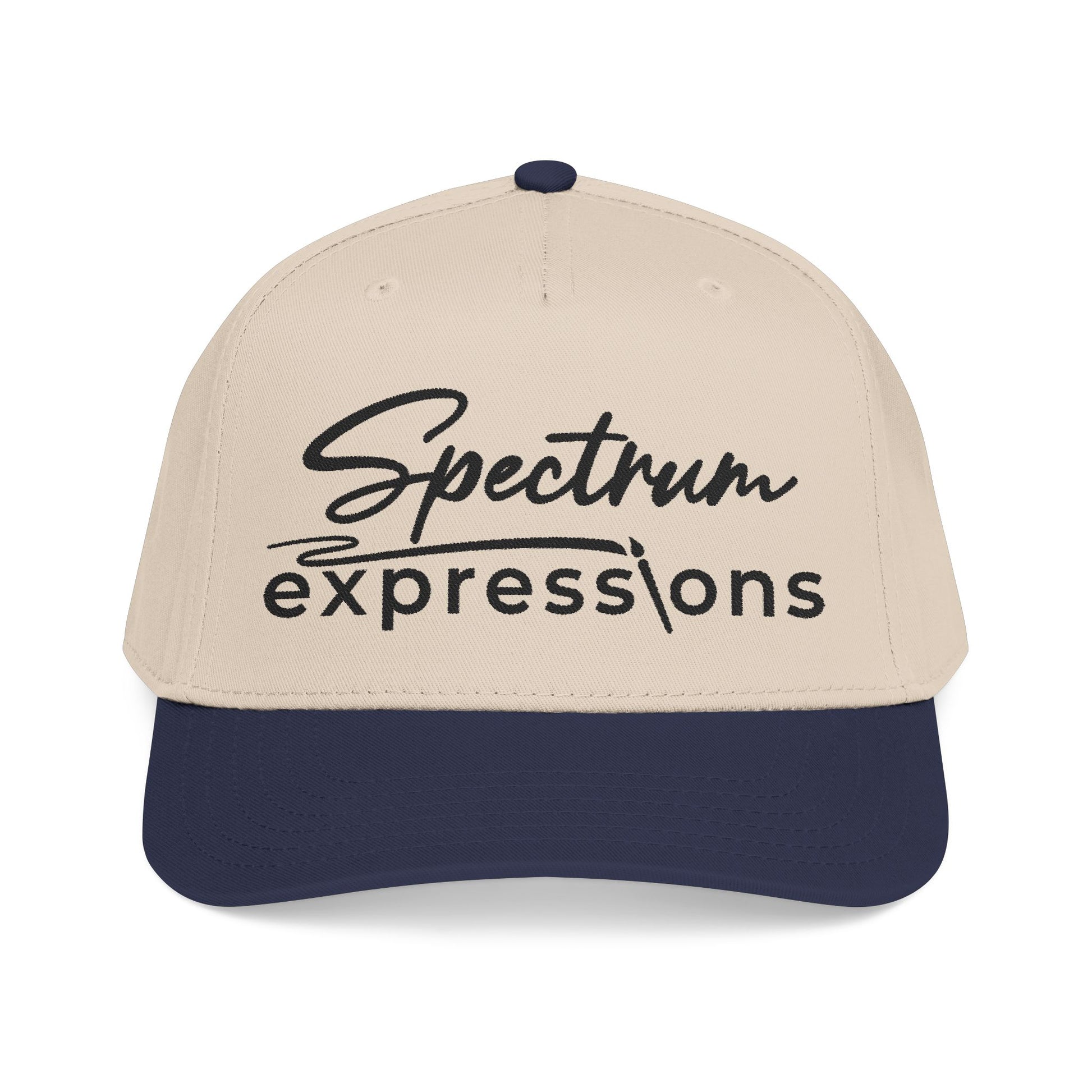 A two-tone baseball cap with a beige crown and a navy blue brim, featuring the black embroidered text 'Spectrum expressions' on the front, set against a plain white background.