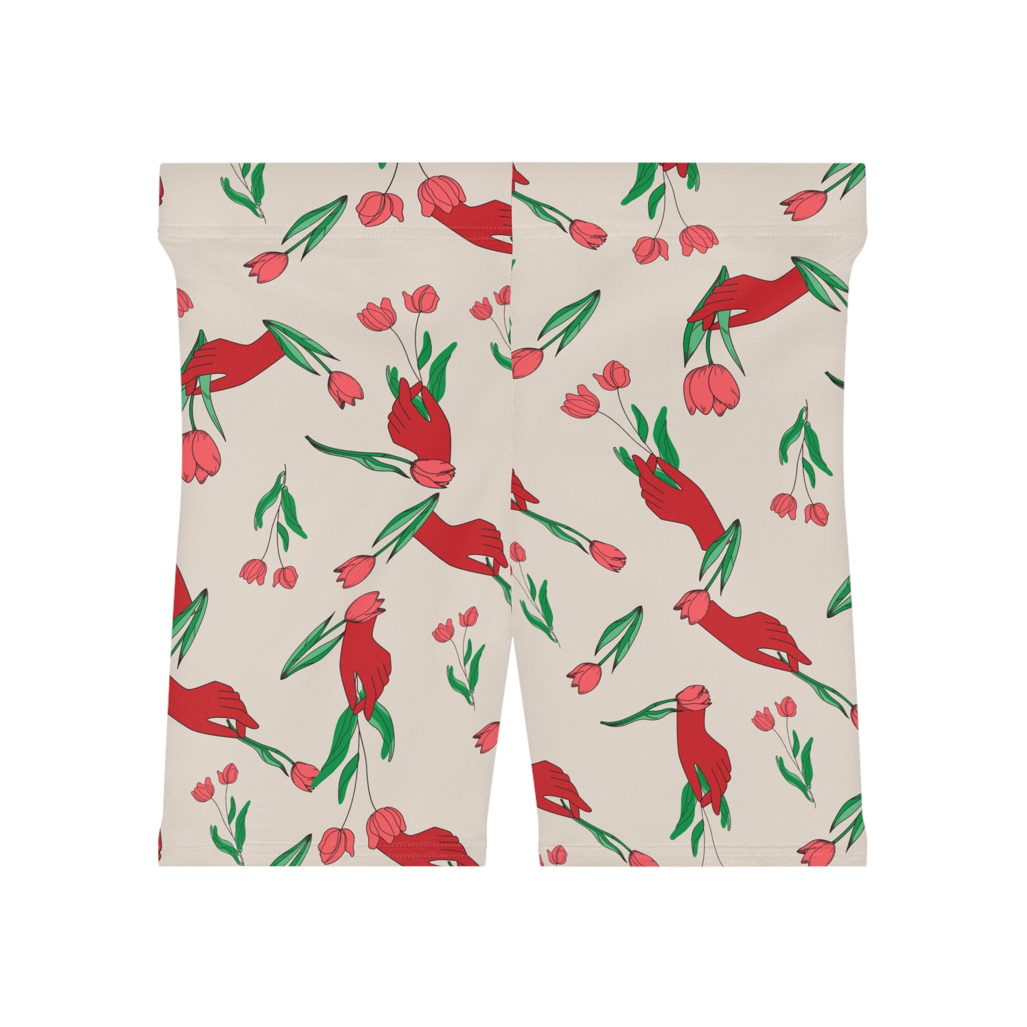 Image of First Bloom Biker Shorts | Red Hand & Tulip Print Women’s Activewear