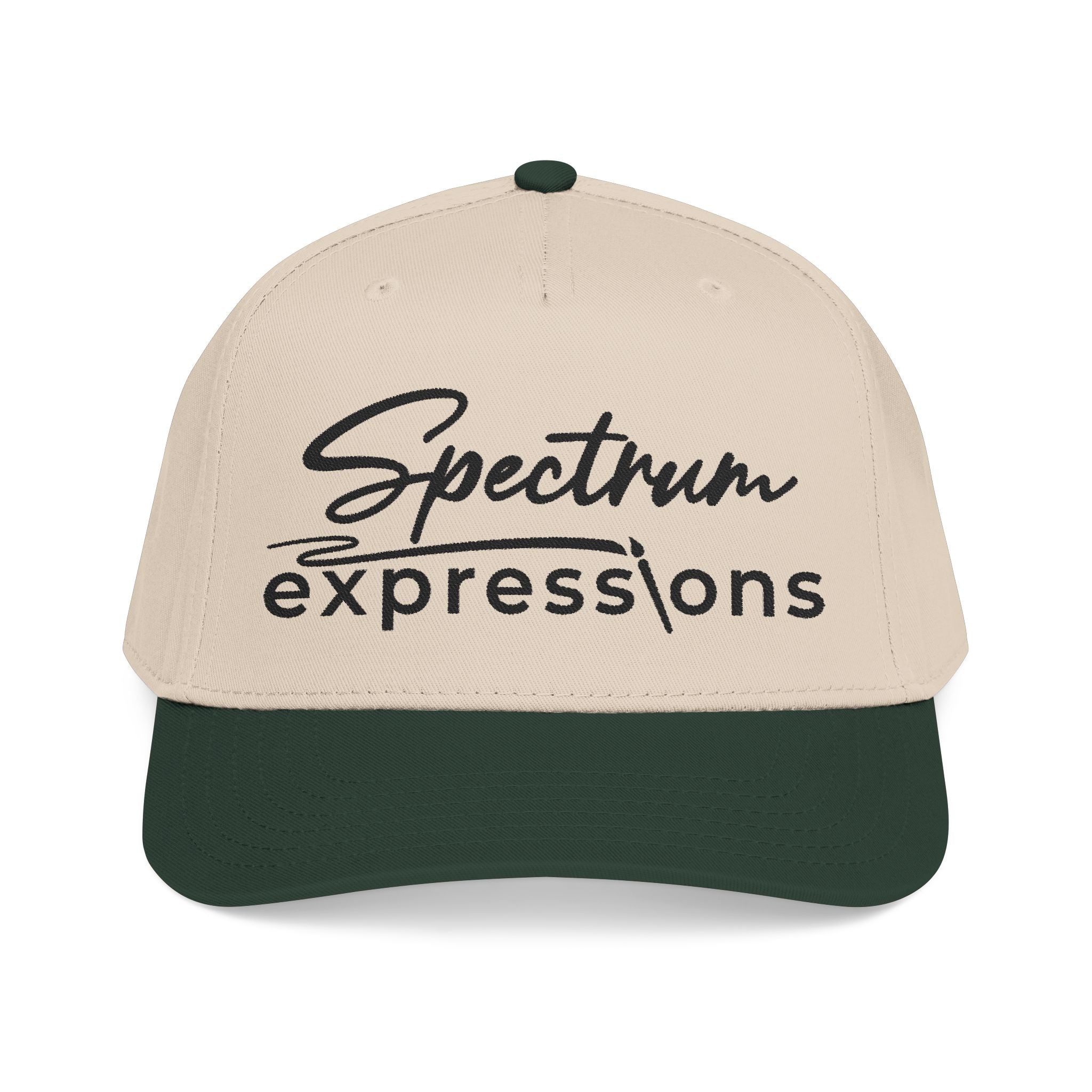 Image of A two-tone baseball cap with a beige crown and a dark forest green brim, featuring the black embroidered text 'Spectrum expressions' on the front, set against a plain white background.