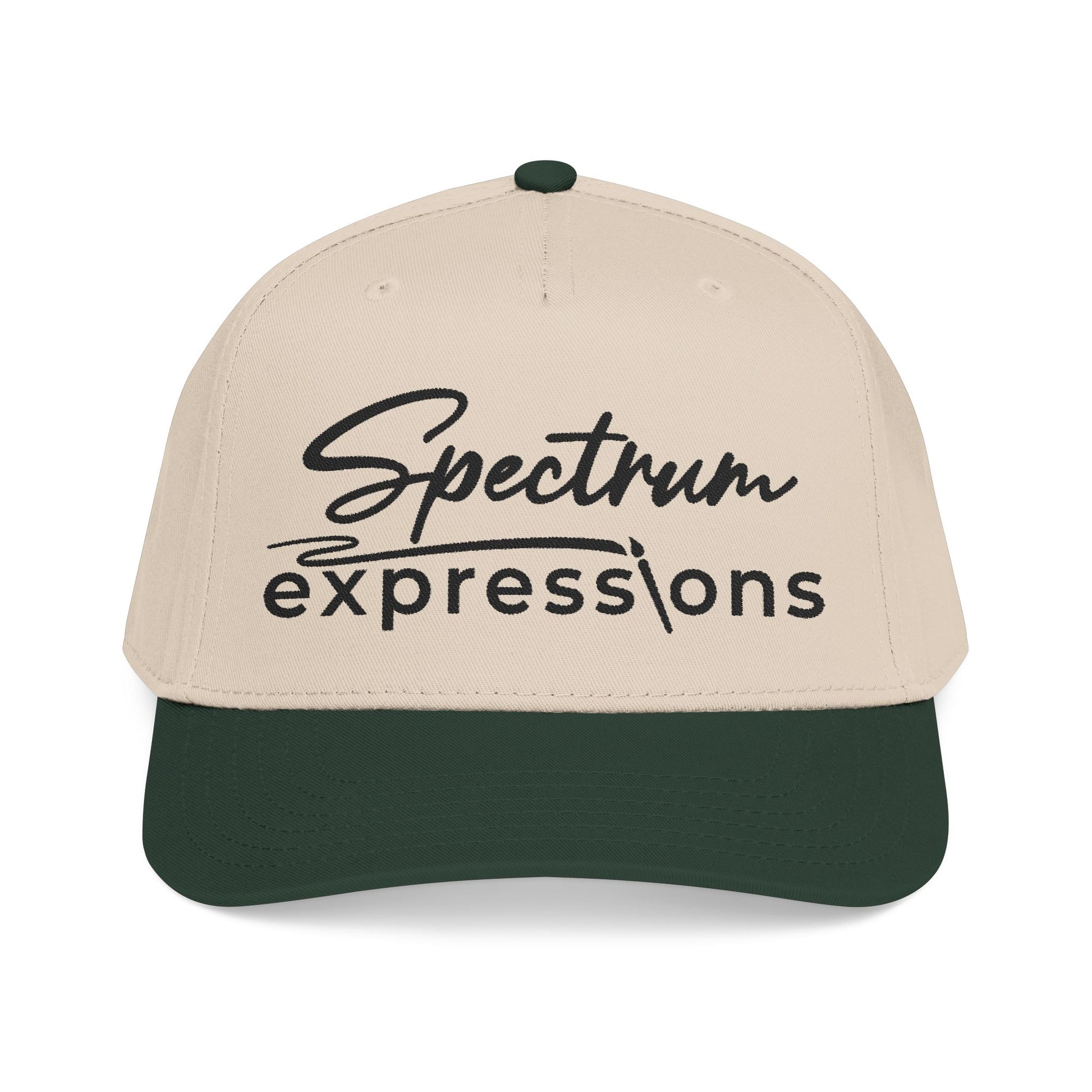 A two-tone baseball cap with a beige crown and a dark forest green brim, featuring the black embroidered text 'Spectrum expressions' on the front, set against a plain white background.