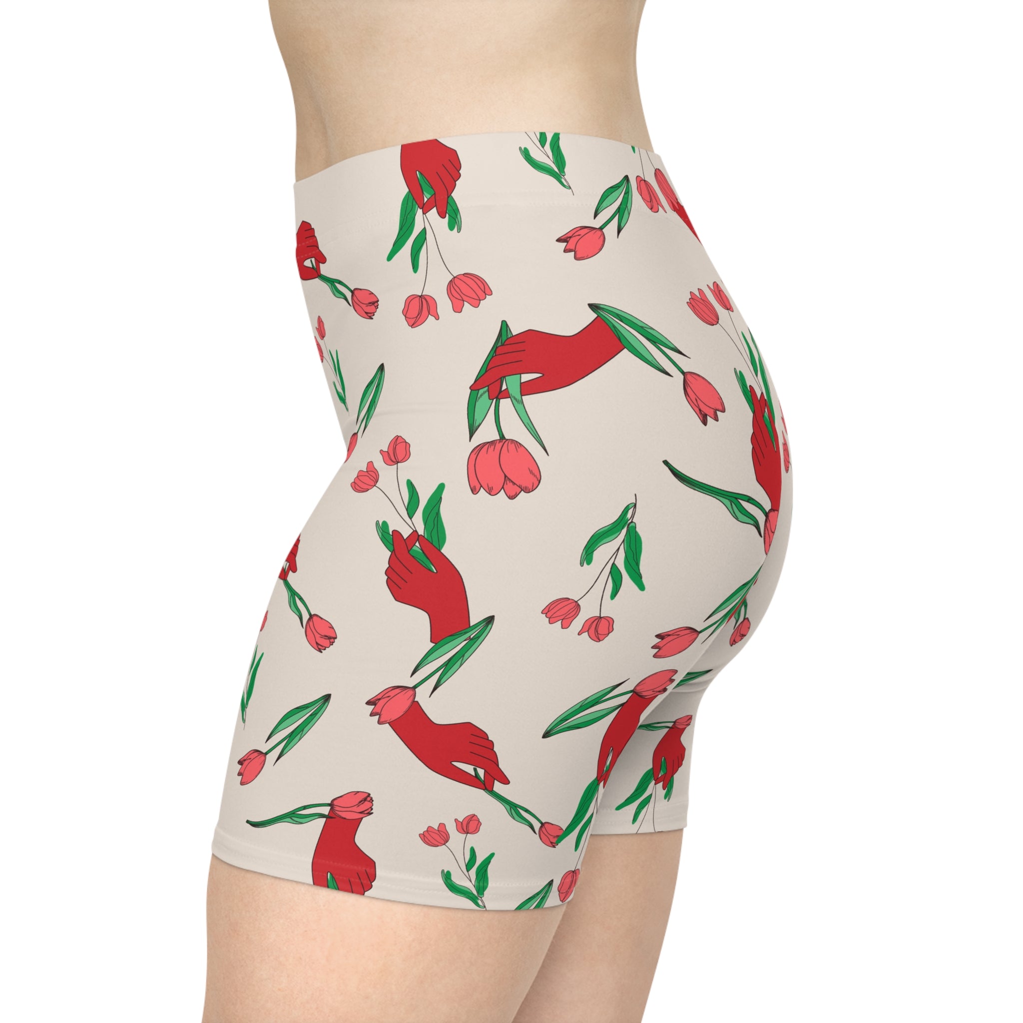 Image of First Bloom Biker Shorts | Red Hand & Tulip Print Women’s Activewear