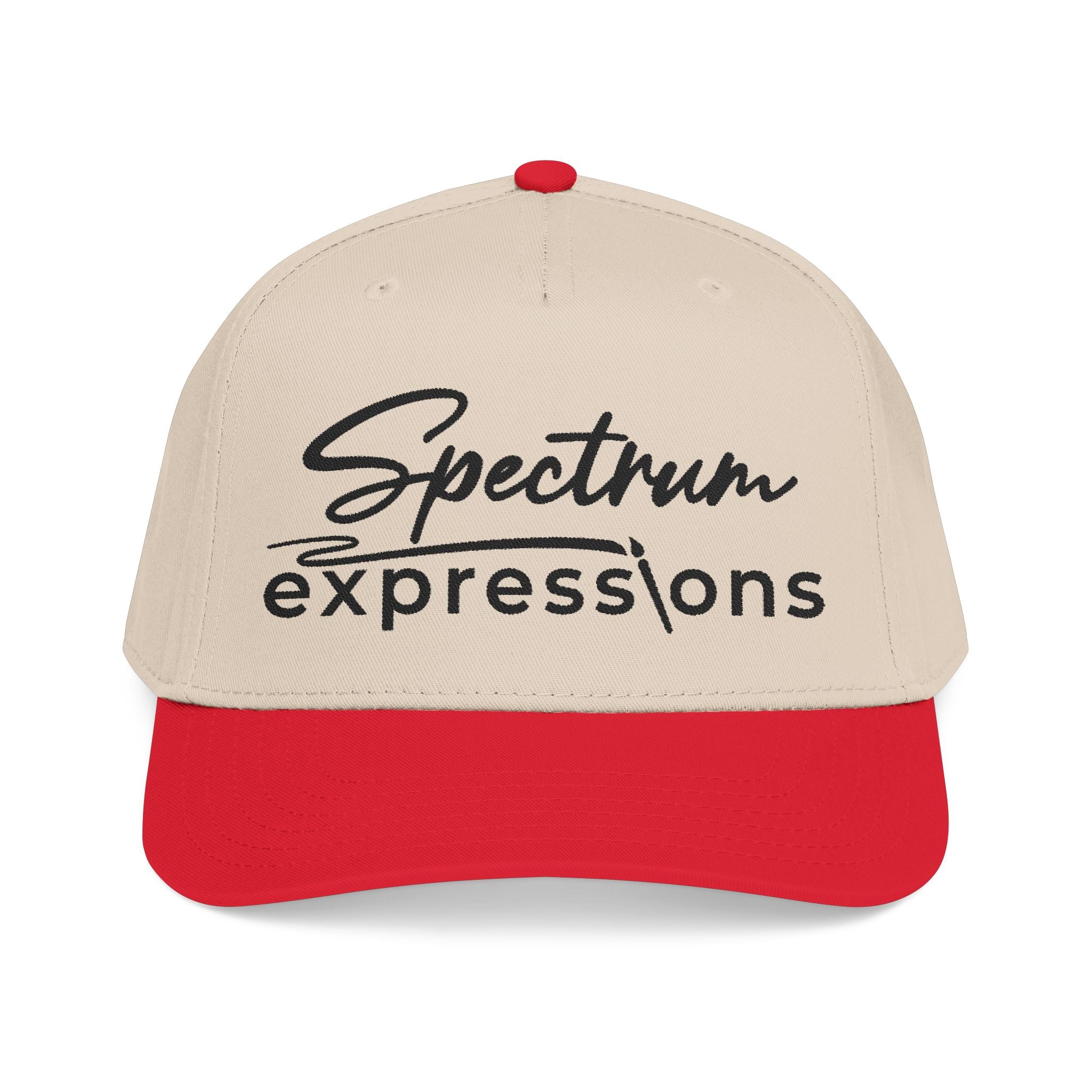 Image of A two-tone baseball cap with a beige crown and a red curved brim, featuring the black embroidered text 'Spectrum expressions' on the front, set against a plain white background.