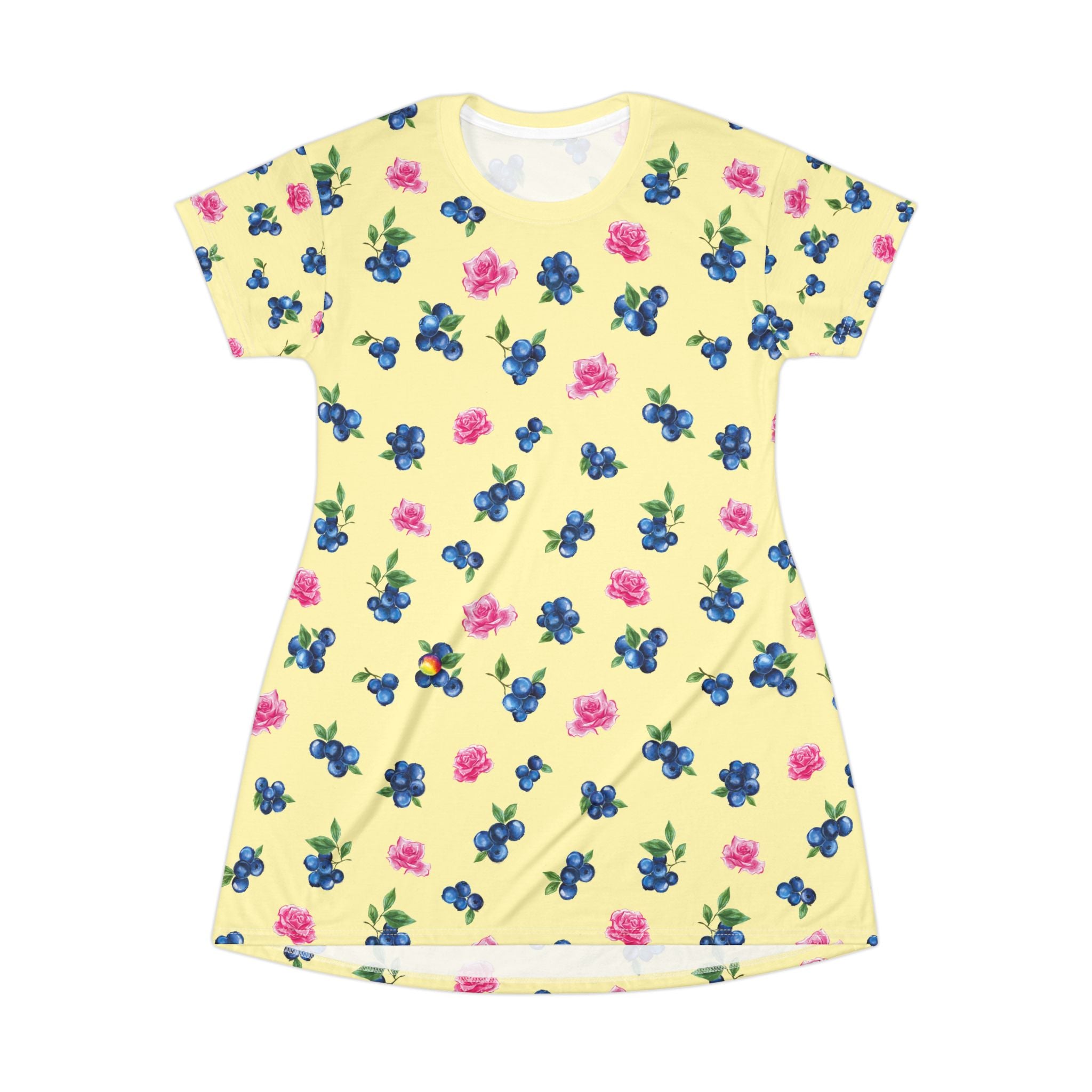 Image of Blueberry & Pink Rose T-Shirt Dress | Yellow Floral All-Over Print